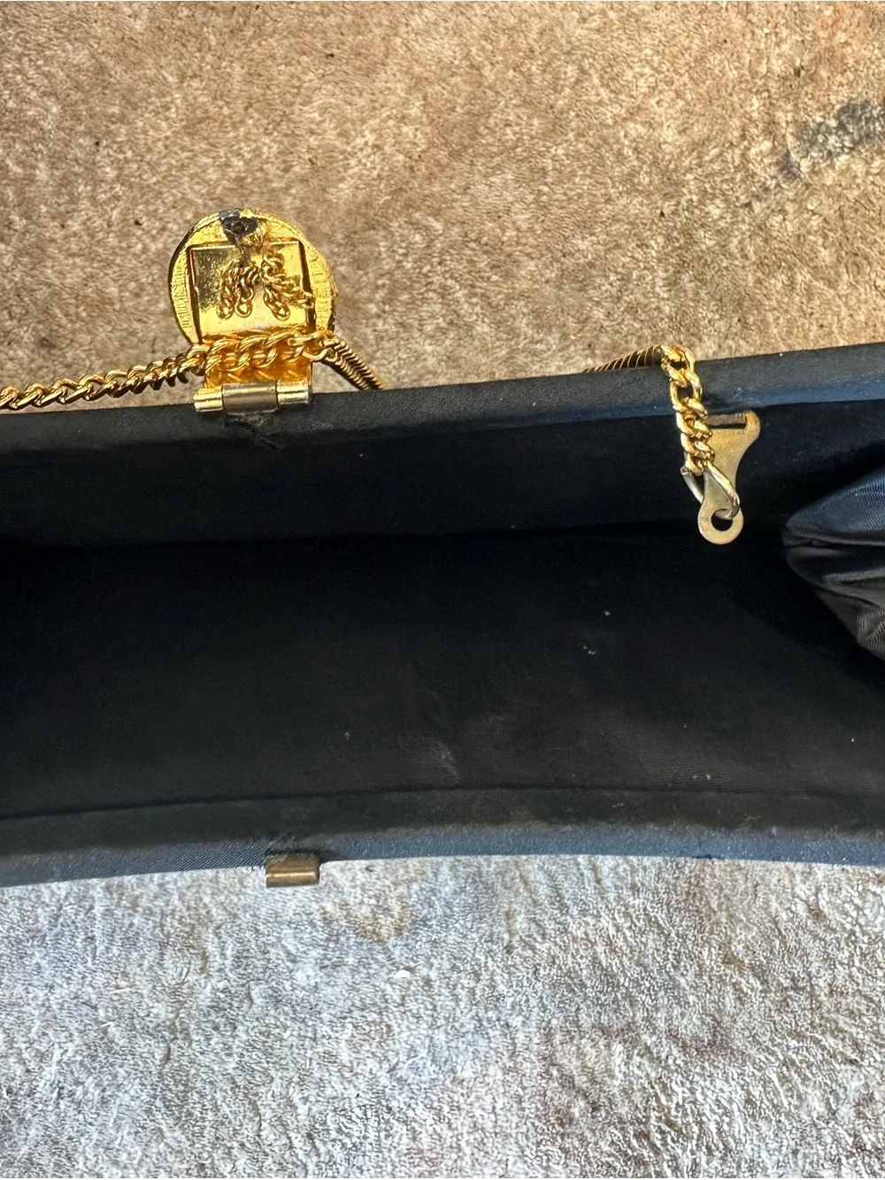Black Evening Clutch with Gold Chain and Beaded Clasp
